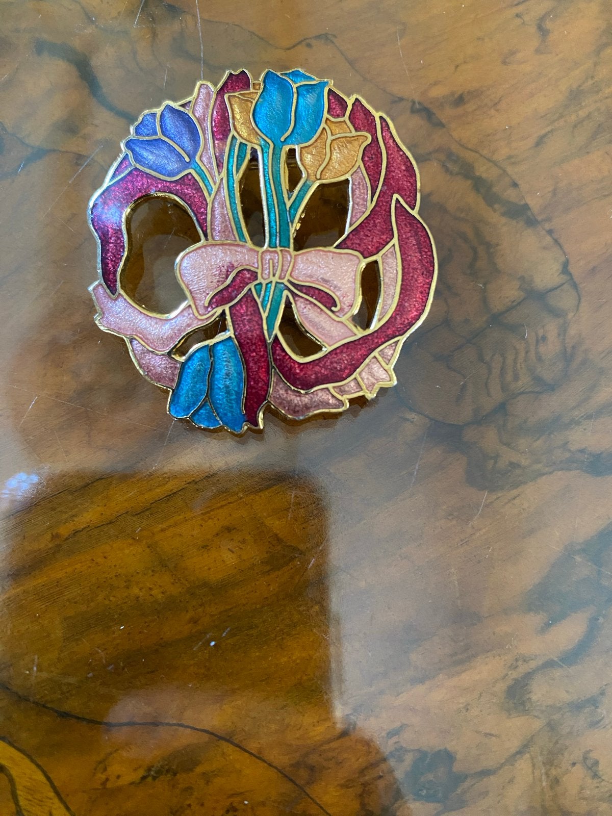 Vintage Broche cloisonné tulpen nikkelvrij, Overige materialen, 4 tot 7 cm, Gebruikt, Overige kleuren