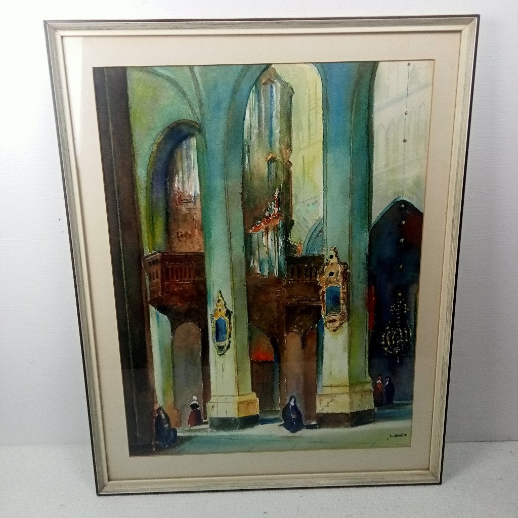 Kerkinterieur G. Grassère, Nederlandse school, Ophalen of Verzenden, Aquarel, Overige onderwerpen