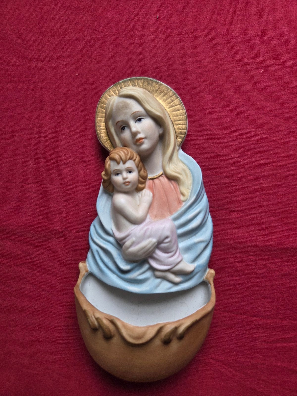 Mooi gaaf porseleinen wijwatersbakje van Maria met haar kind, Ophalen of Verzenden, Zo goed als nieuw, Beeld(je), Christendom | Katholiek