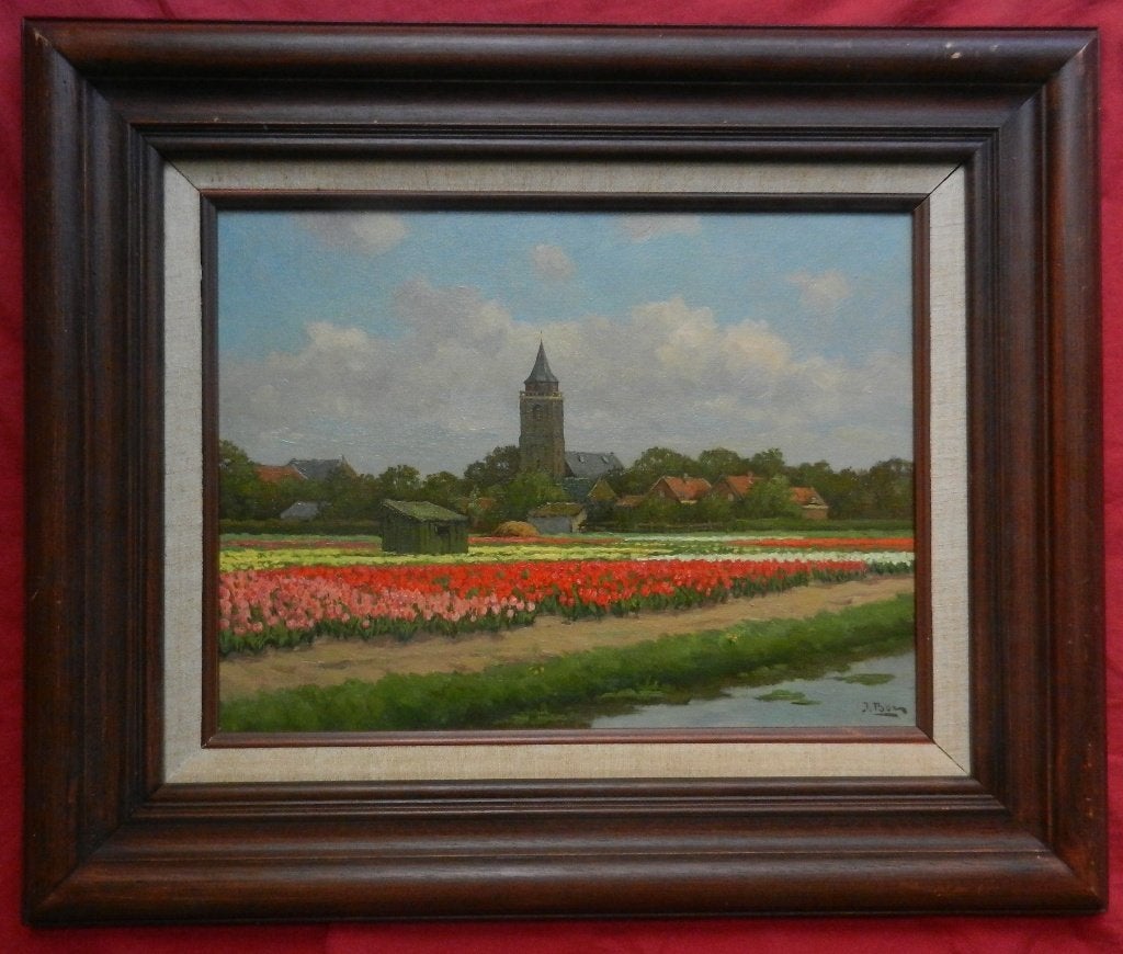 Olieverf Tulpen bij Rijnsburg door Jan Bos hxb: 29x39 cm., Doek, Impressionistisch, Ophalen of Verzenden, Gesigneerd