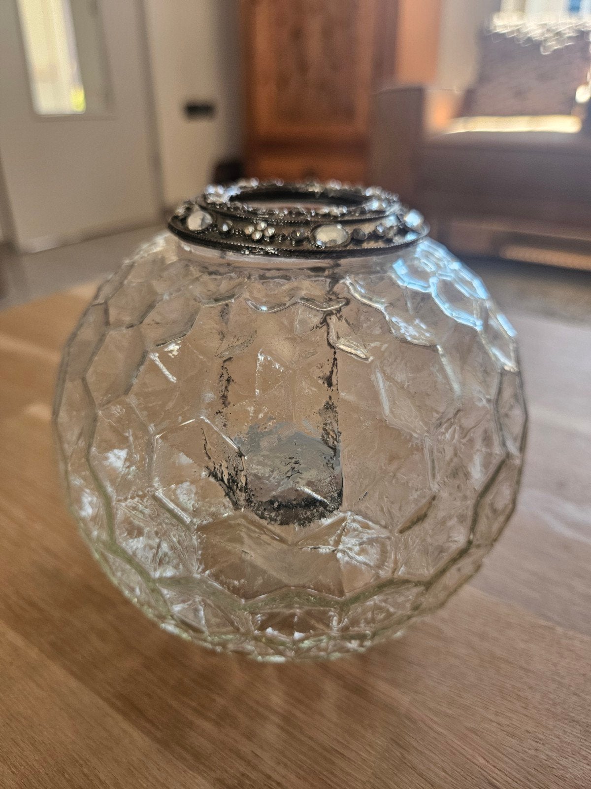Vintage/brocante  glazen bol / windlicht / theelichthouder, Antiek en Kunst, Antiek | Glas en Kristal, Ophalen of Verzenden
