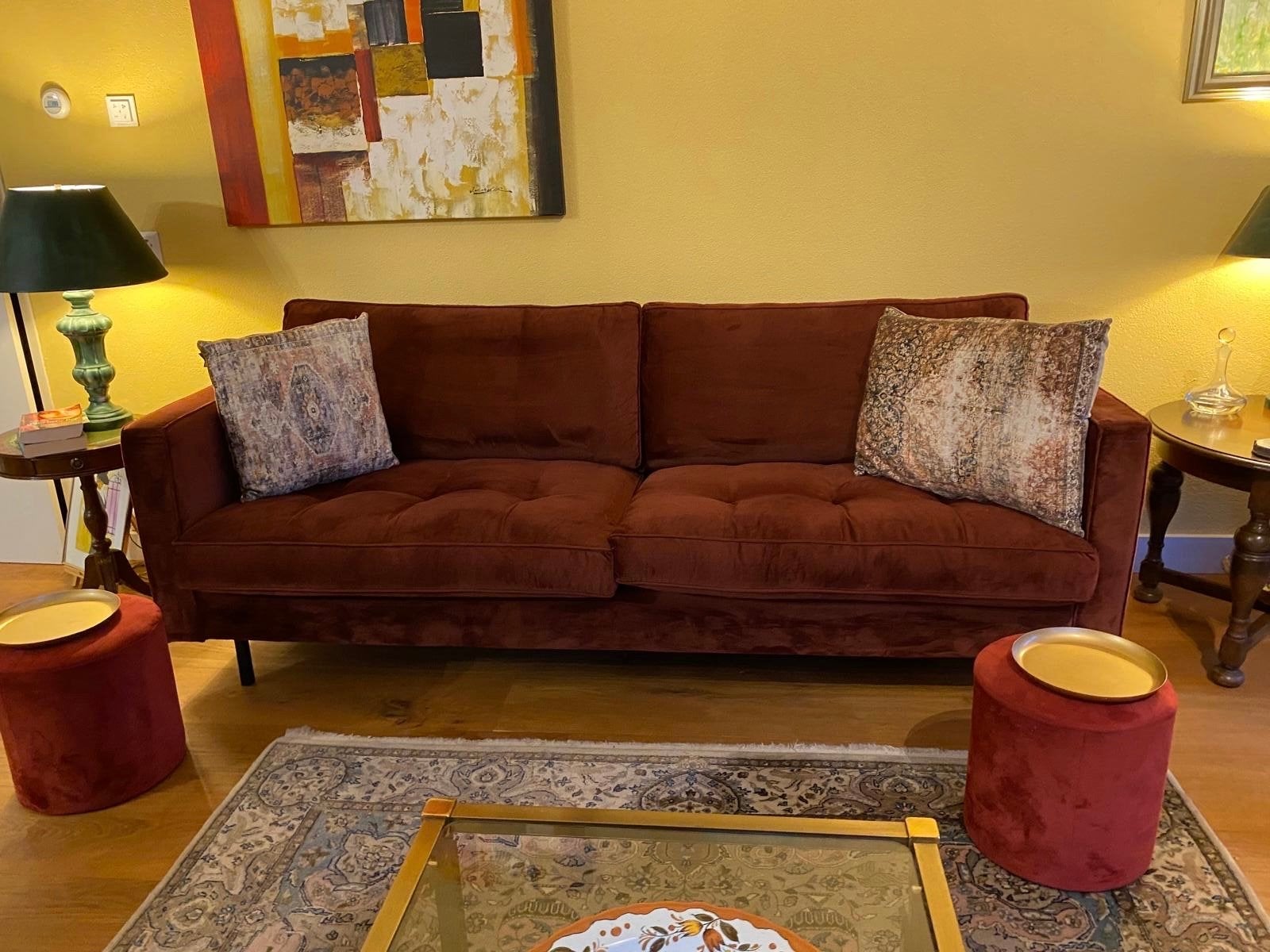 Stijlvolle 3-zits bank in een bordeaux kleur 210x84x73 cm, Huis en Inrichting, Ophalen, Zo goed als nieuw, 75 tot 100 cm, 200 tot 250 cm