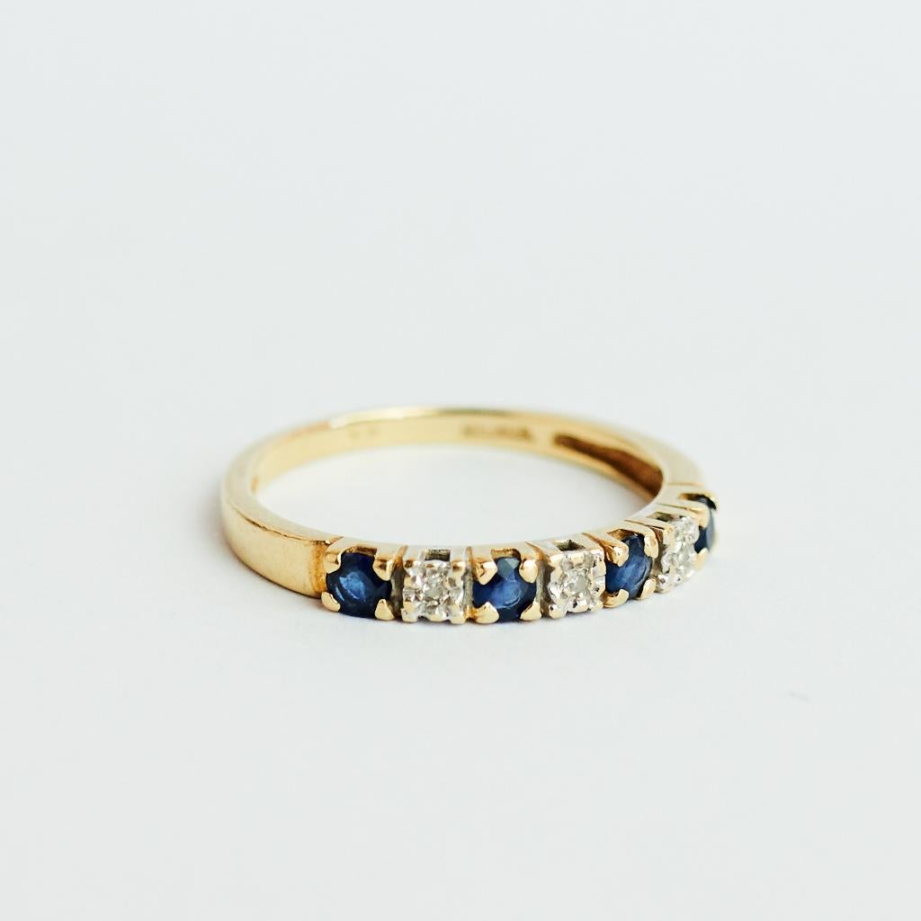 Vintage jaren 90 rijring gouden ring 14 karaat goud saffier, Ophalen of Verzenden, Zo goed als nieuw, 17 tot 18, Met edelsteen