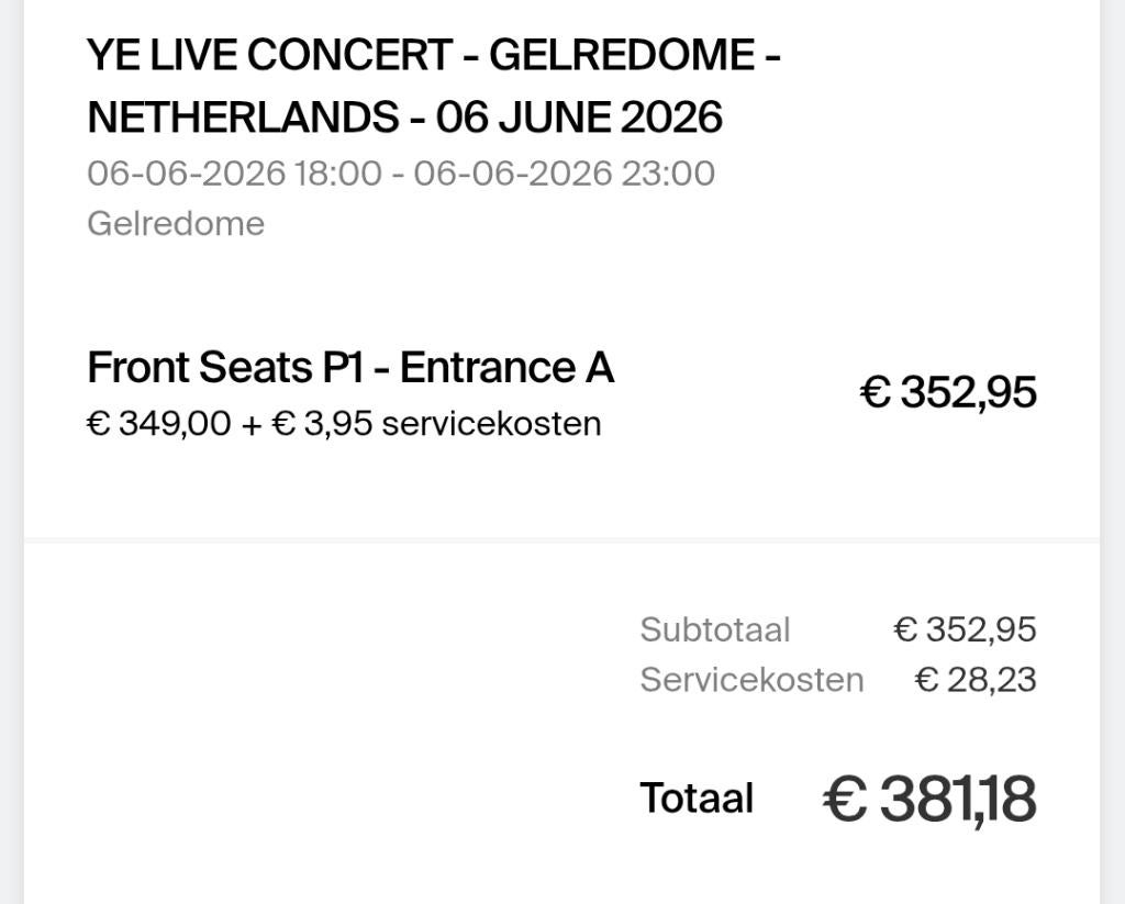 Concert ticket Ye/Kanye West Gelredome 6 juni + parkeren, Eén persoon, Juni