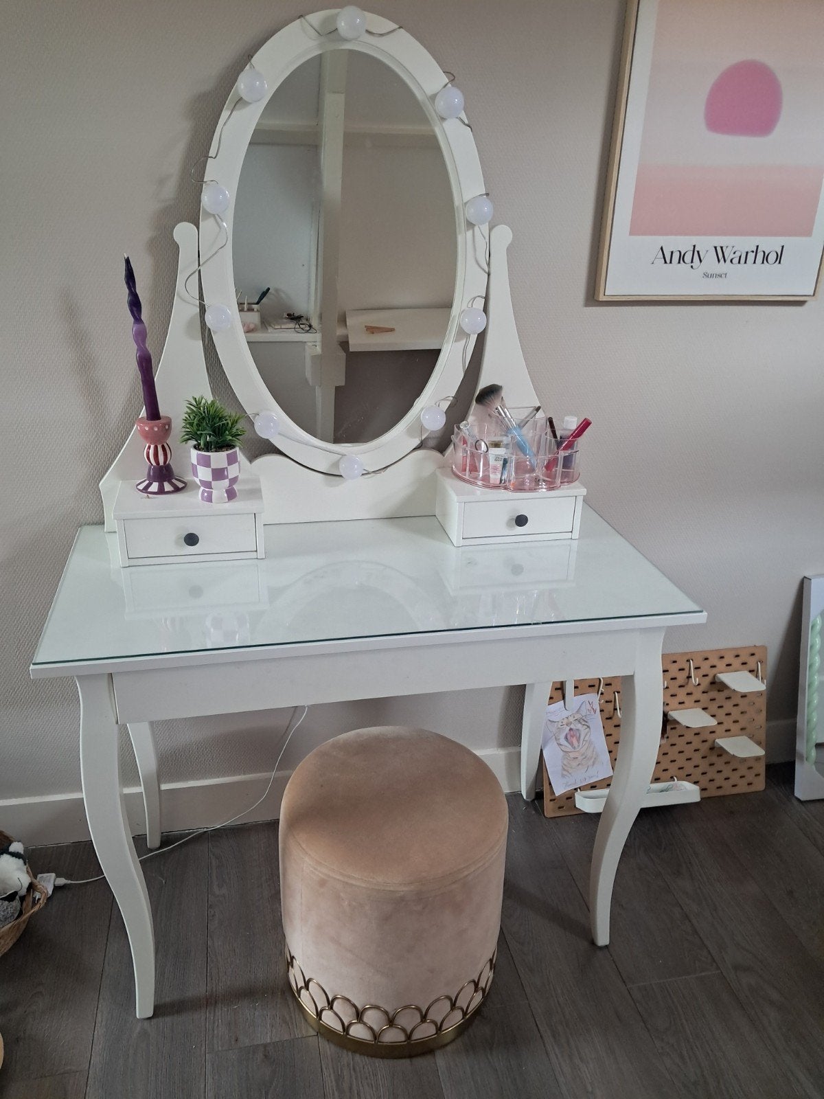 Witte kaptafel met spiegel en verlichting, Gebruikt, 100 tot 150 cm, Klassiek, Modern, Hout