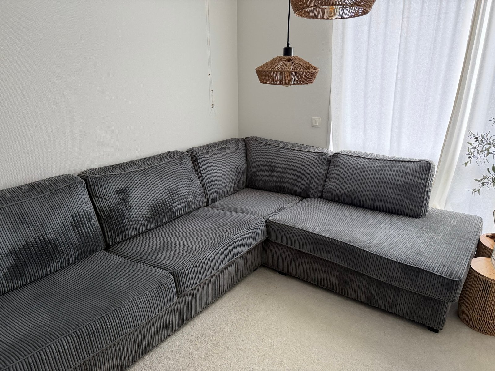 Grijze hoekbank met chaise longue, Ophalen, Gebruikt, Hoekbank, 300 cm of meer