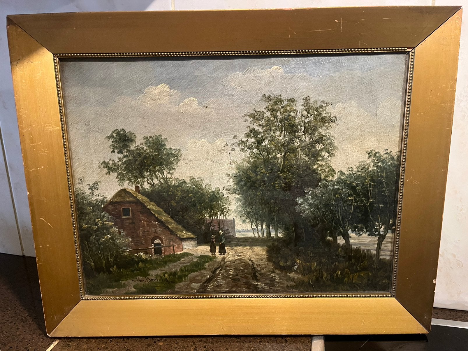 19 eeuws olieverf boerderij met buren schilderij, Ophalen