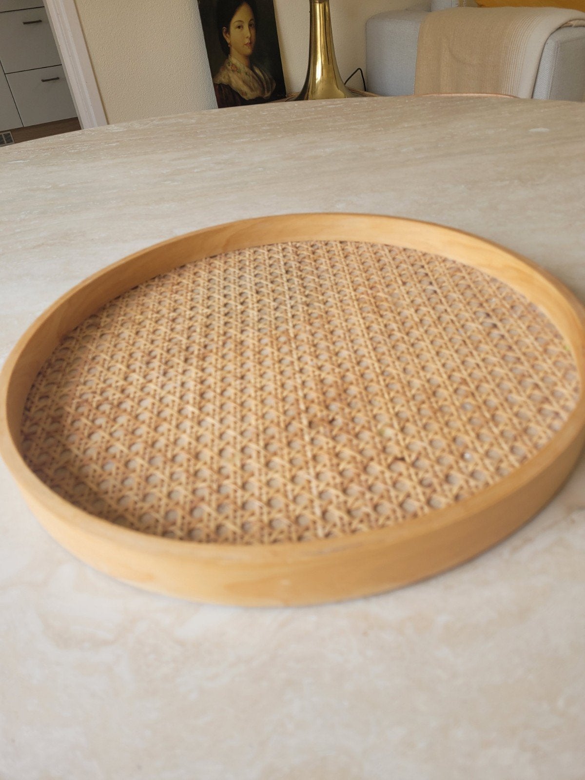 Dienblad Midcentury vintage rond riet hout weens stro, Ophalen, Zo goed als nieuw, Rond, Hout