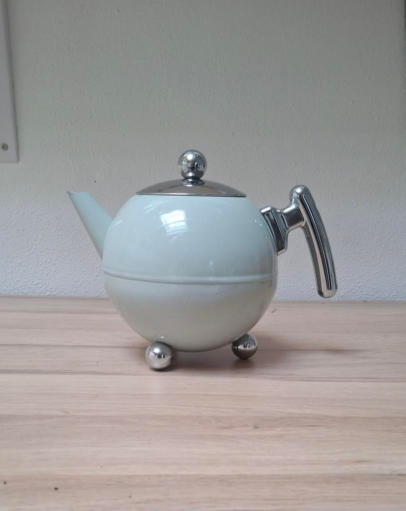 Bredemeijer Duet Bella Ronde theepot. Lichtgrijs met chroom., Ophalen of Verzenden