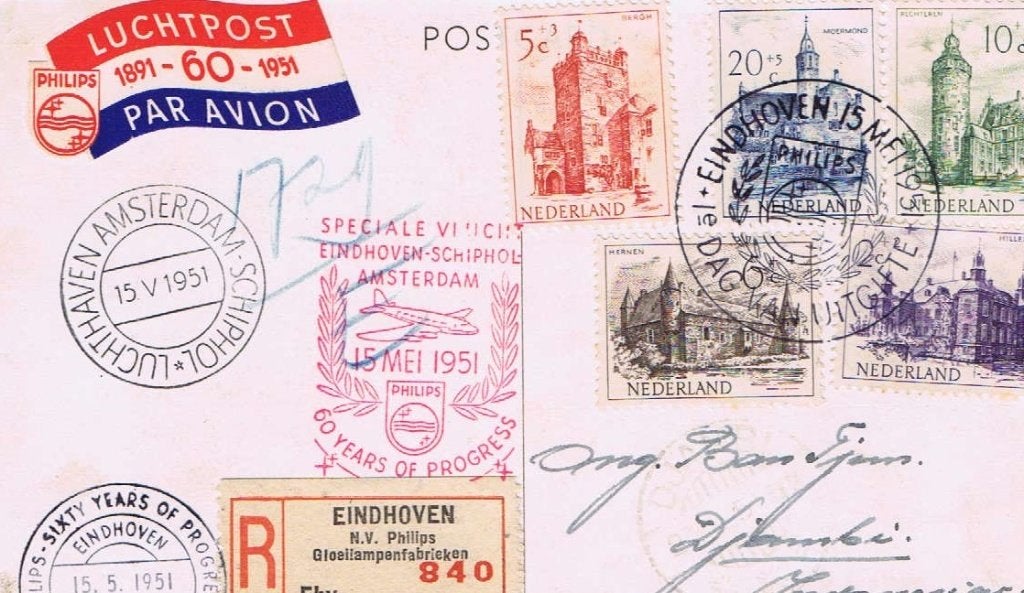 Nederland 1951 60 jaar Schiphol Luchtpost Philips Kastelen, Postzegels en Munten, Verzenden, Envelop