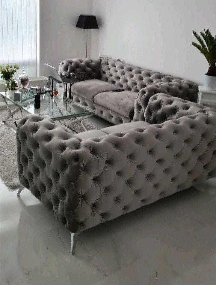 Luxe grijze banken set - 2-zits en 3-zits, Ophalen, Klassiek, modern, 75 tot 100 cm, Zo goed als nieuw