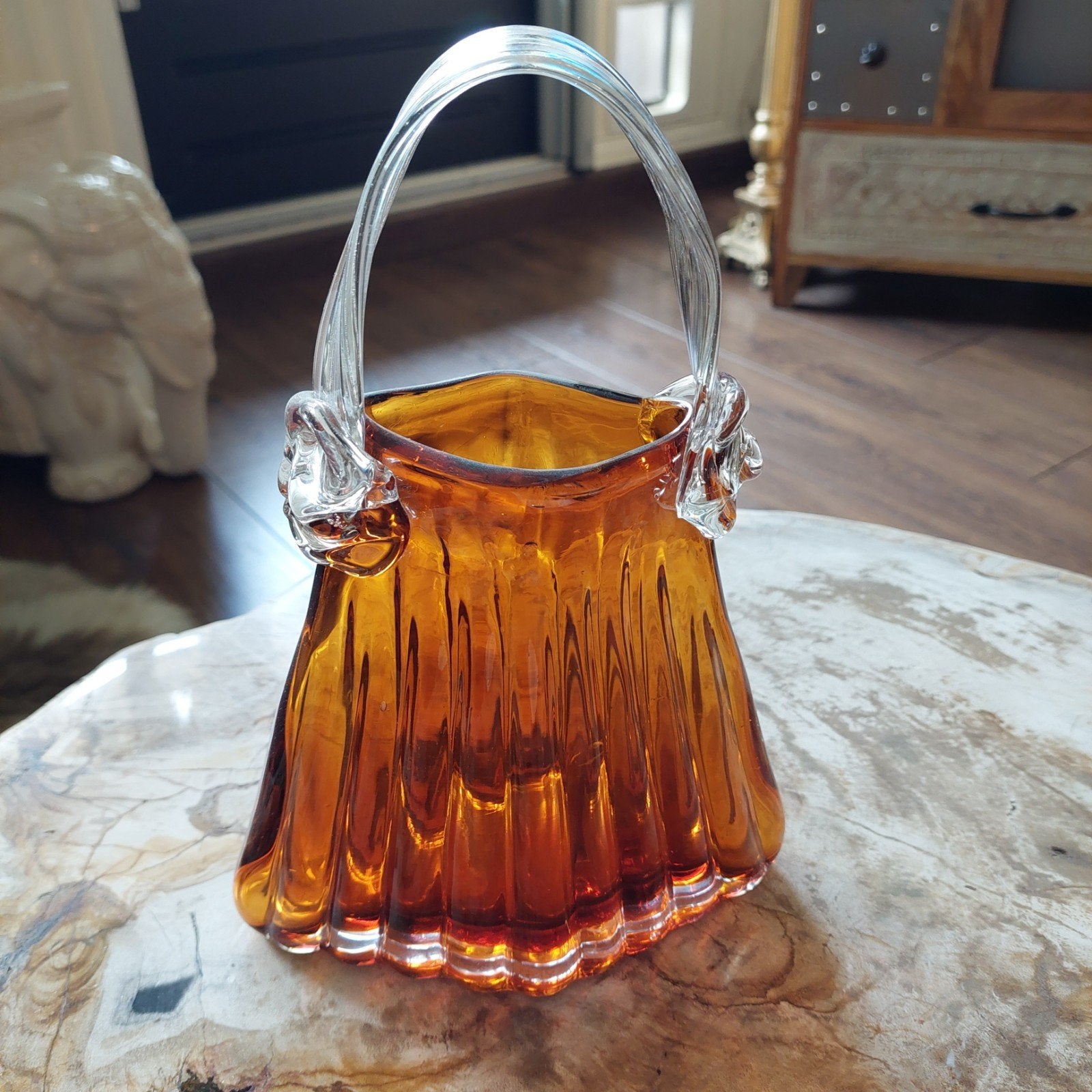 Vintage amberkleurige glazen tas vaas, Ophalen of Verzenden