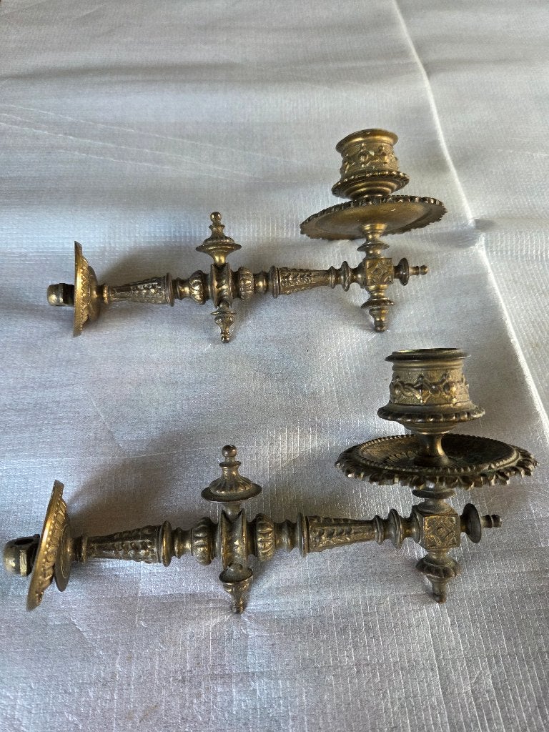 Twee antieke, messing pianokandelaars, Ophalen of Verzenden, Koper of Brons