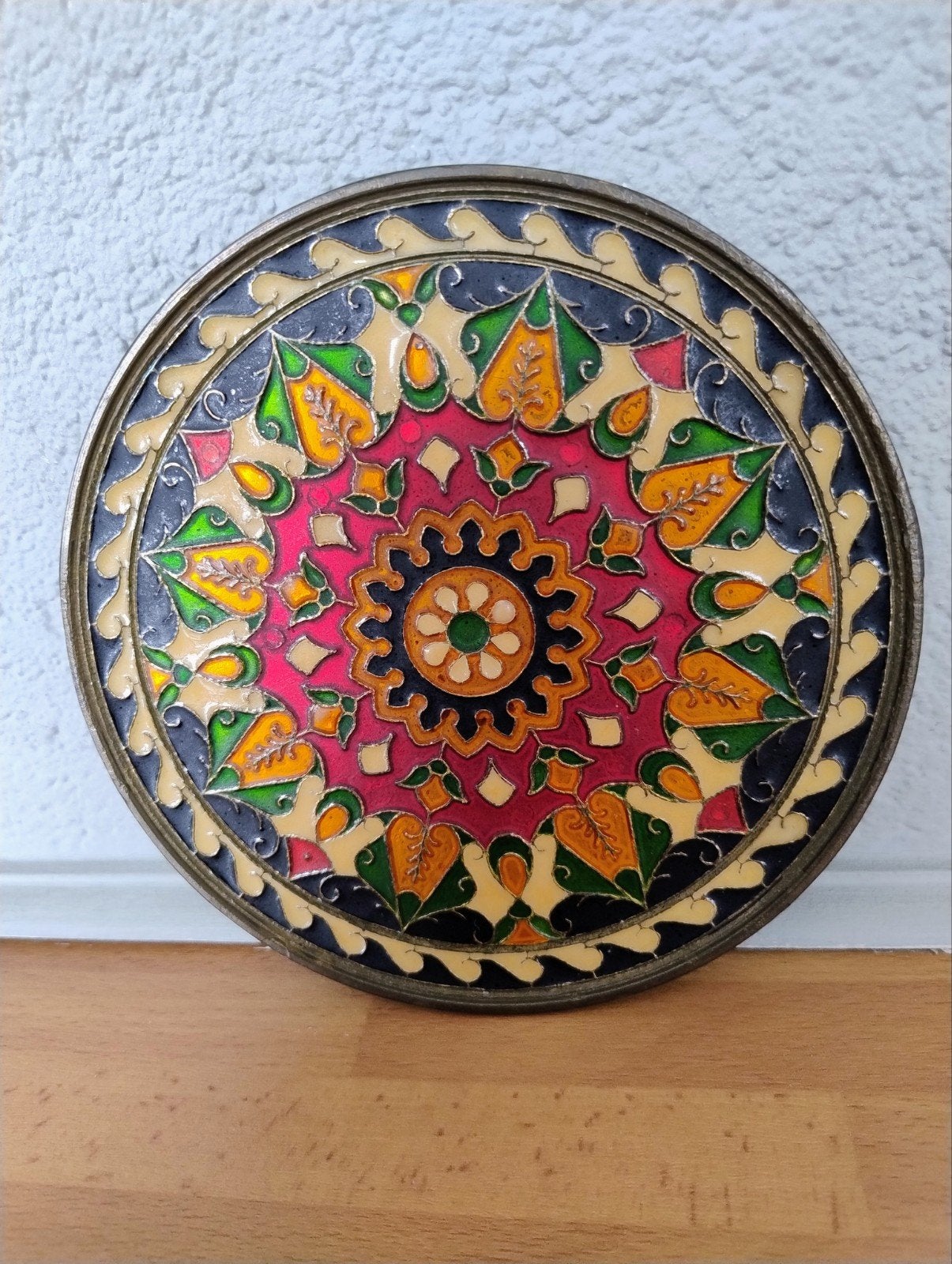 Vintage Byzantijns wandbord emaille/brons jaren '70, Antiek en Kunst, Antiek | Emaille, Ophalen of Verzenden