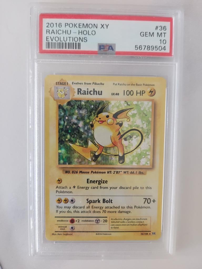 Raichu Holo Evolutions PSA 10 GEM MT Pokémon Kaart, Ophalen of Verzenden, Nieuw, Losse kaart, Foil