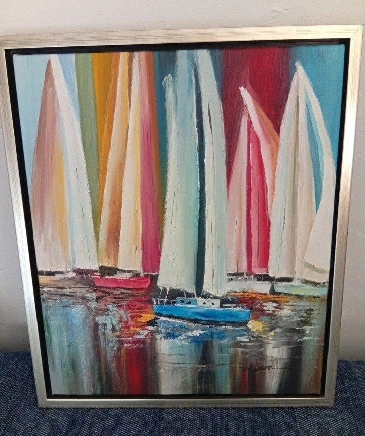 Mooi handgeschilderd schilderij - Zeilboten op water, Ophalen, Gesigneerd, Acrylverf, Landschap