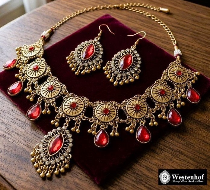 Sieraden set juwelier custom goud- robijn ketting oorbellen, Verzenden, Nieuw, Goud, Overige materialen