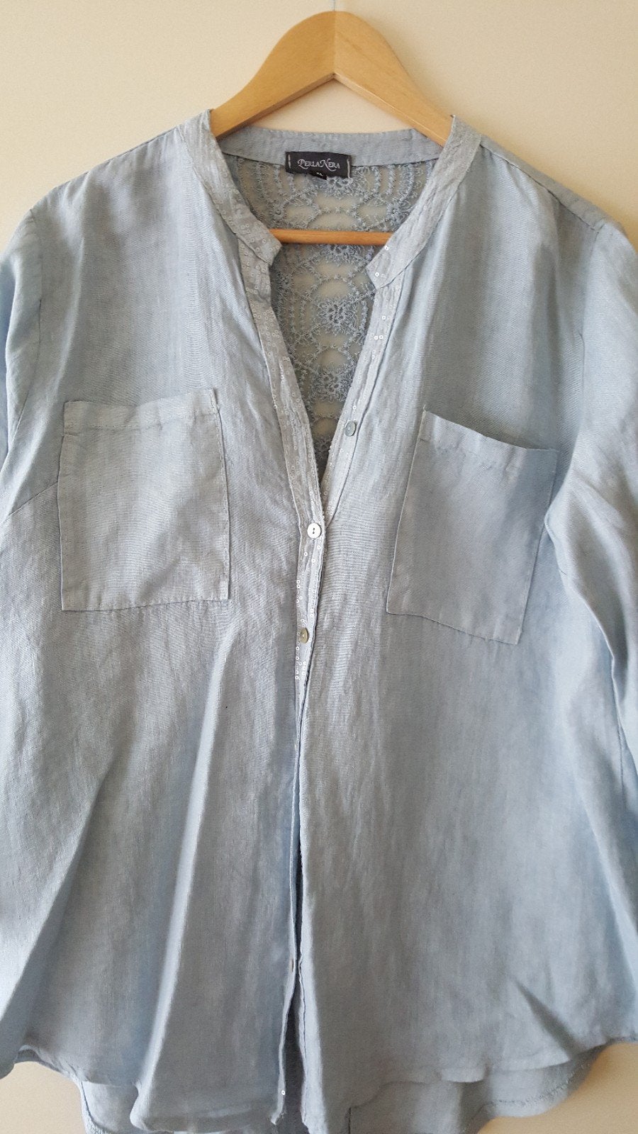 PERLA NERA Lichtblauwe linnen blouse pailletjes en kant XL, Kleding | Dames, Perla Nera, Blauw, Maat 46/48 (XL) of groter, Ophalen of Verzenden