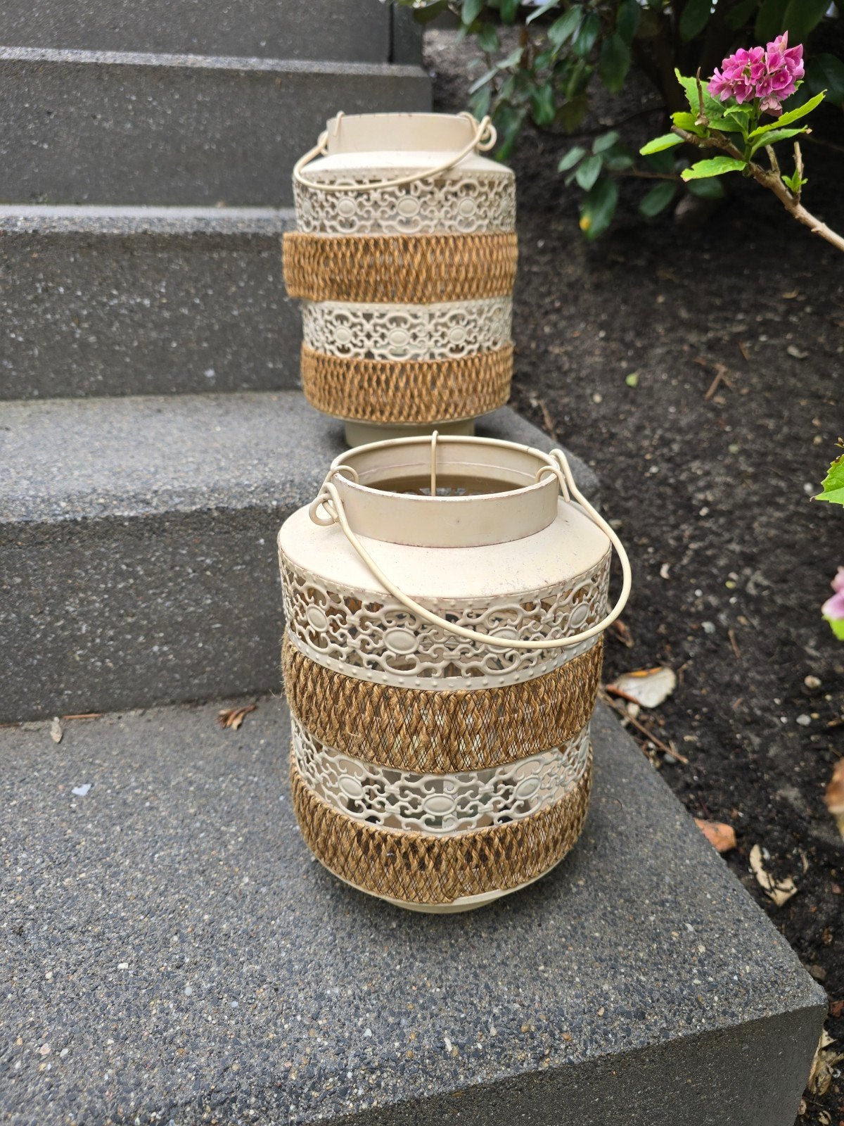 Set van 2 sfeervolle windlichten, Gebruikt, Beige, Ophalen of Verzenden, Landelijk
