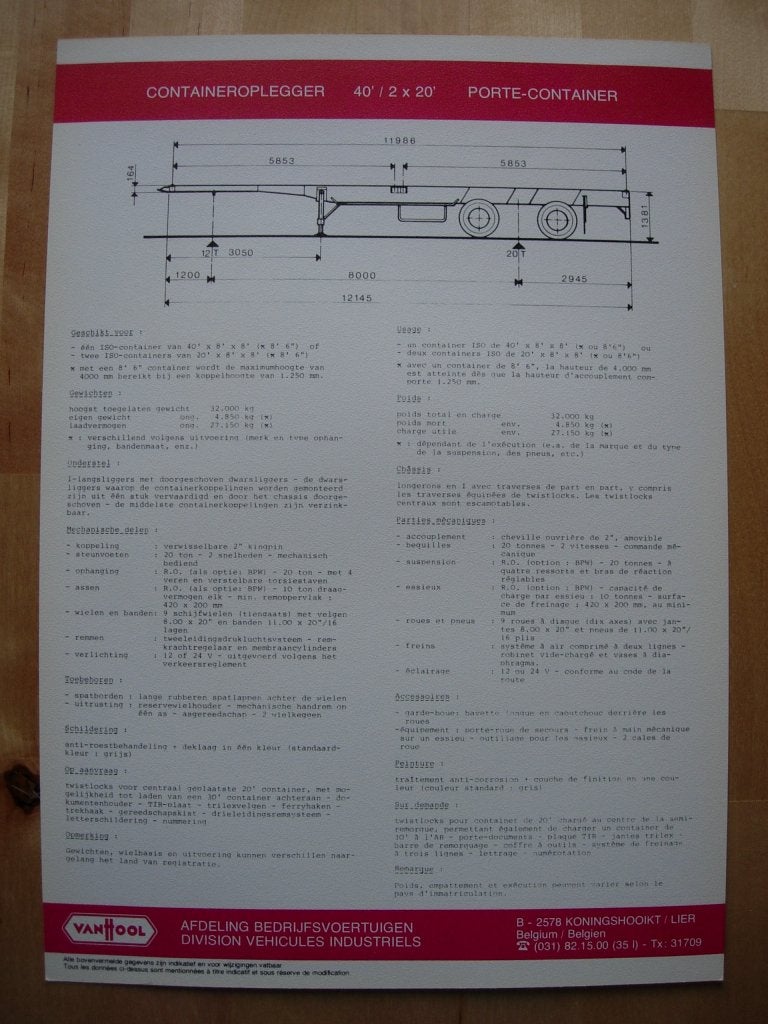 Van Hool Container Oplegger Brochure ca 1975 Trailer 40ft, Ophalen of Verzenden, Zo goed als nieuw, Overige merken, DAF
