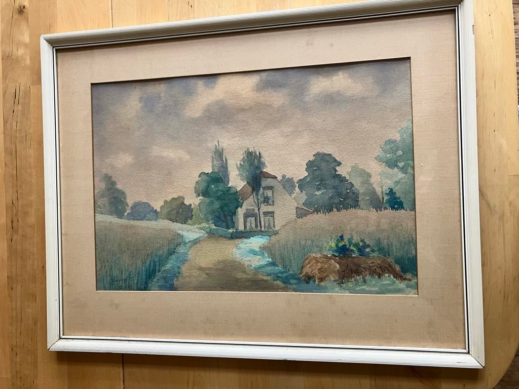 Aquarel Landschap Schilderij in Lijst - Gesigneerd 1, Antiek en Kunst, Kunst | Schilderijen | Klassiek, Ophalen of Verzenden