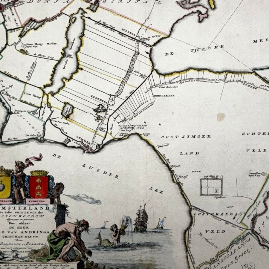Antieke 18e eeuwse kaart, Lemsterland, Antiek en Kunst, Ophalen of Verzenden, Cartografie, Gravure, Handgekleurd