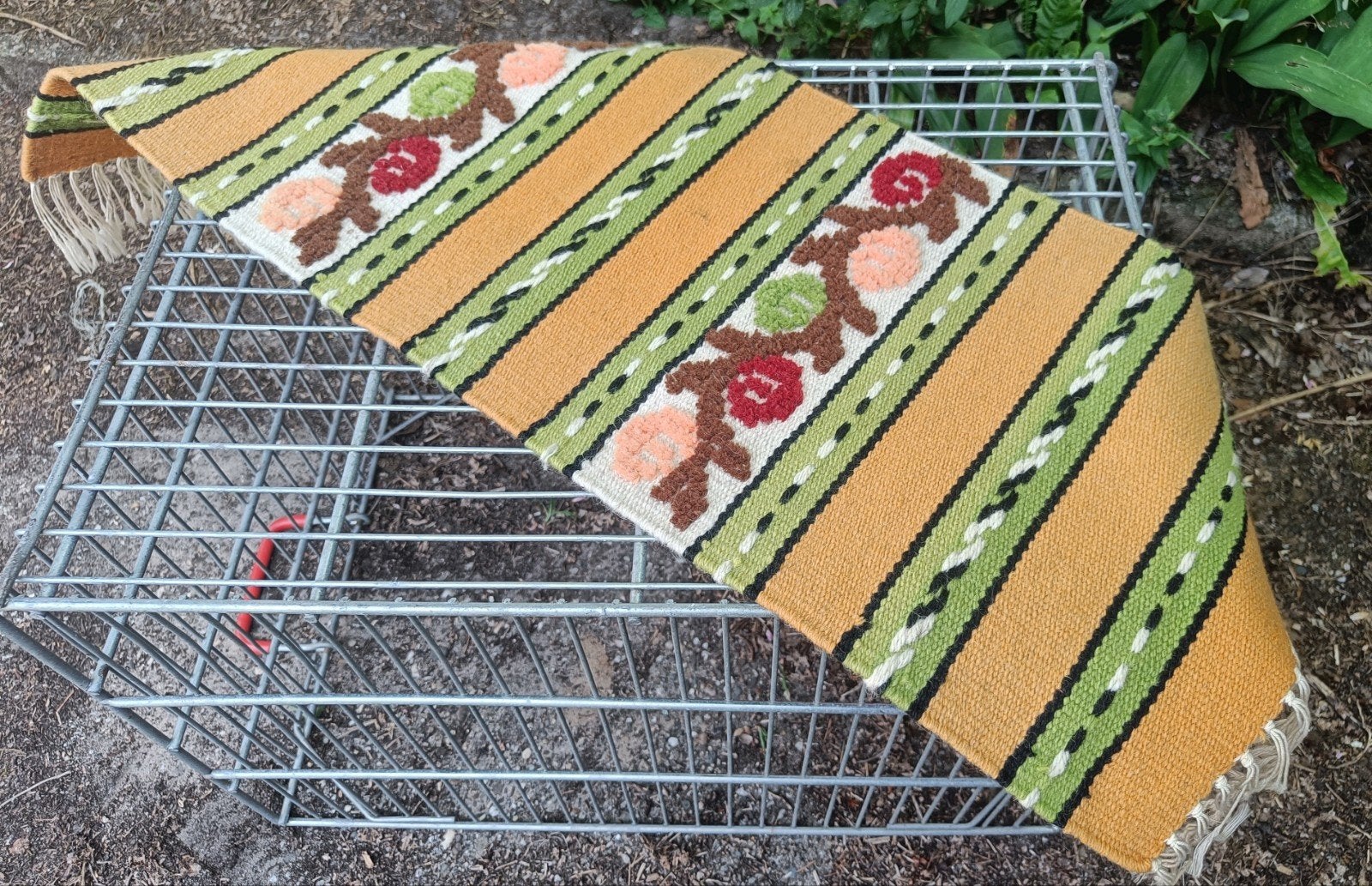 Vintage oranje/groen gestreepte loper met bloemmotief., Ophalen of Verzenden