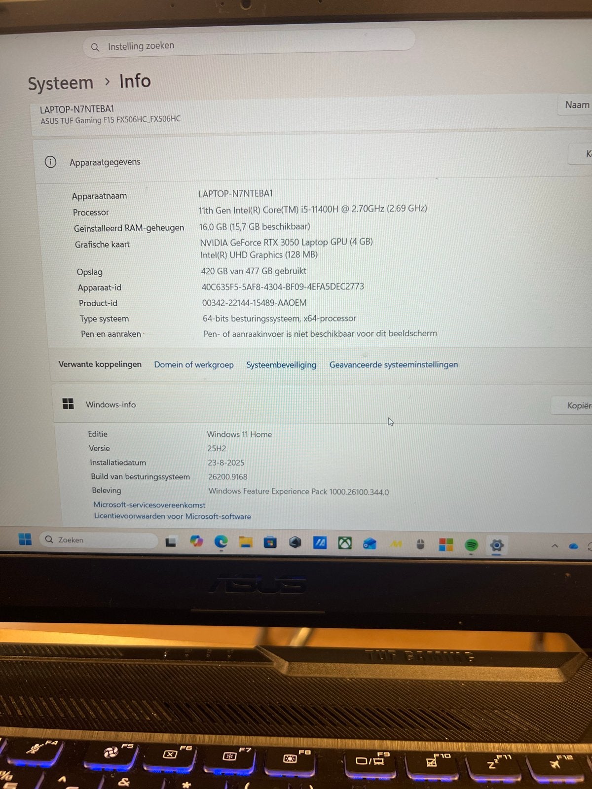 Asus TUF Gaming F15 Laptop - Zeer Goede Staat, Computers en Software, Met videokaart, 2 tot 3 Ghz, Ophalen of Verzenden, Zo goed als nieuw