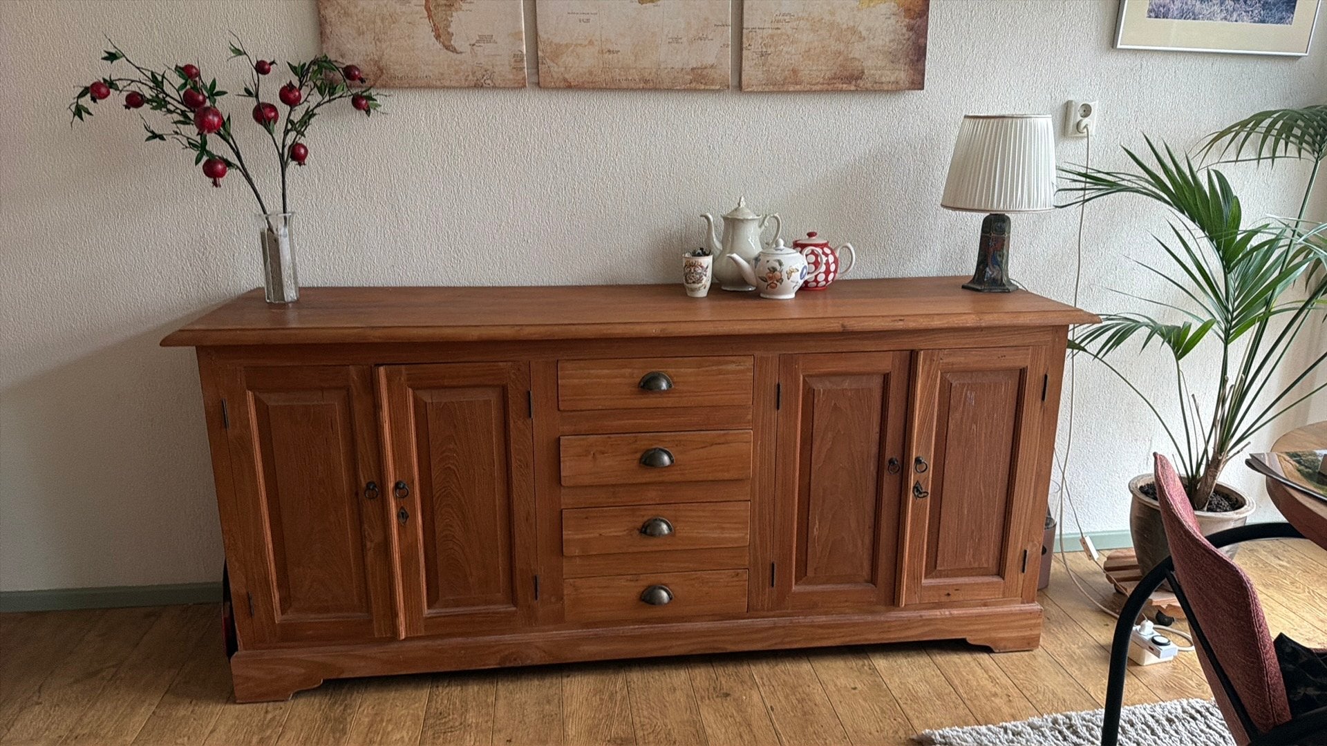Teakhouten dressoirkastje met 4 laden, 205 x 55 en 90 hoog, Ophalen, Teakhout, Met lade(s), Zo goed als nieuw