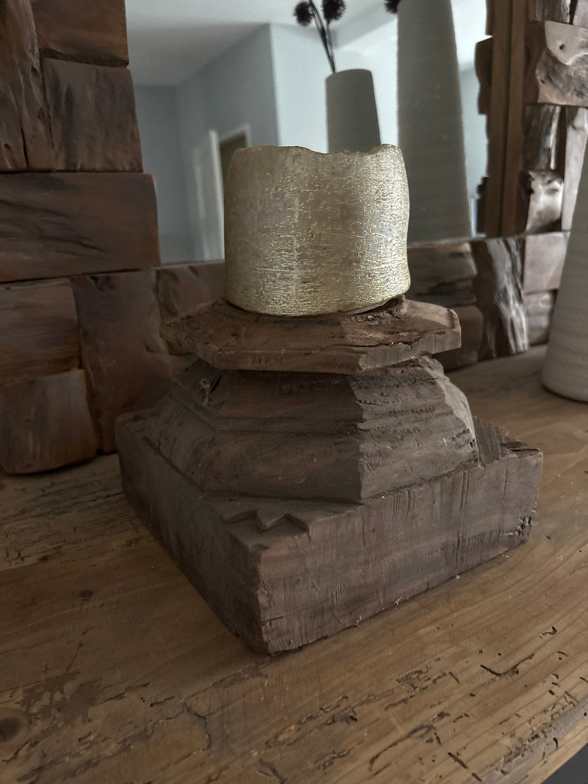 Stoer en sober  houten kaarsenhouder  - 20x20 cm, Ophalen, Hout, Gebruikt, Landelijk