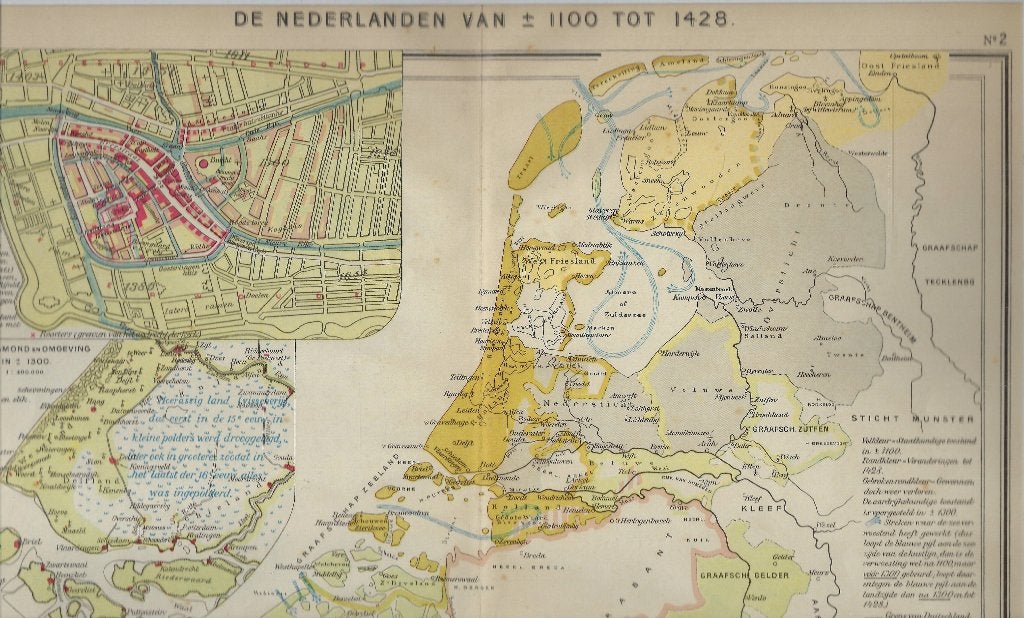 OUDE LANDKAART DE NEDERLANDEN VAN +- 1100 TOT 1428, Boeken, Atlassen en Landkaarten, Ophalen of Verzenden, 1800 tot 2000, Nederland