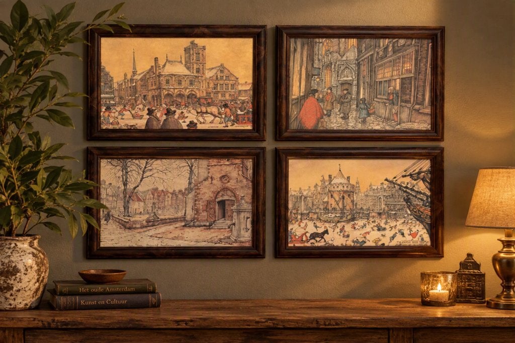 Set van 4 ingelijste Anton Pieck prenten Amsterdam, Ophalen of Verzenden