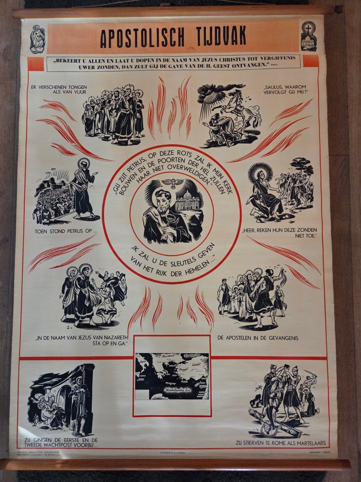 Apostolisch Tijdvak - Oude Schoolkaart - Linnen - 1953, Ophalen of Verzenden, Overige thema's