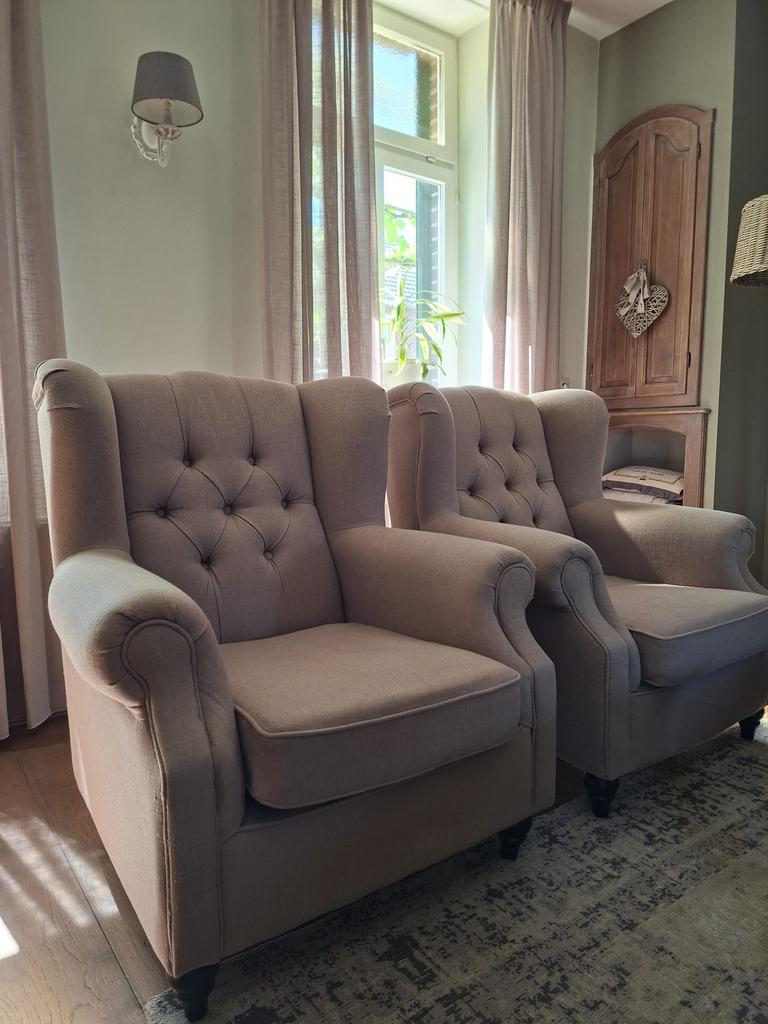 Landelijke fauteuils 2x , zandkleurig stof., Ophalen, Gebruikt, 75 tot 100 cm, Landelijk