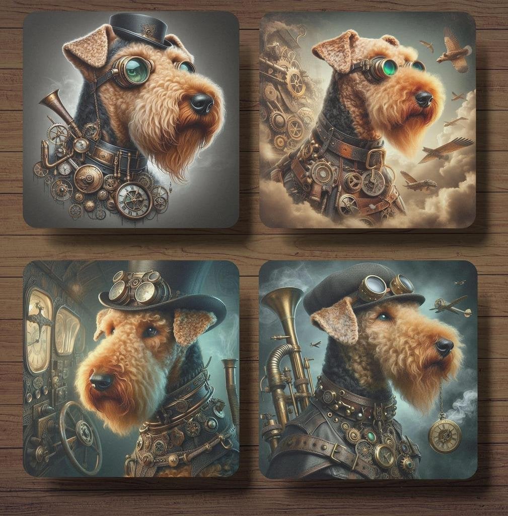 Airedale Terrier Steampunk onderzetters met houder, Ophalen of Verzenden, Nieuw