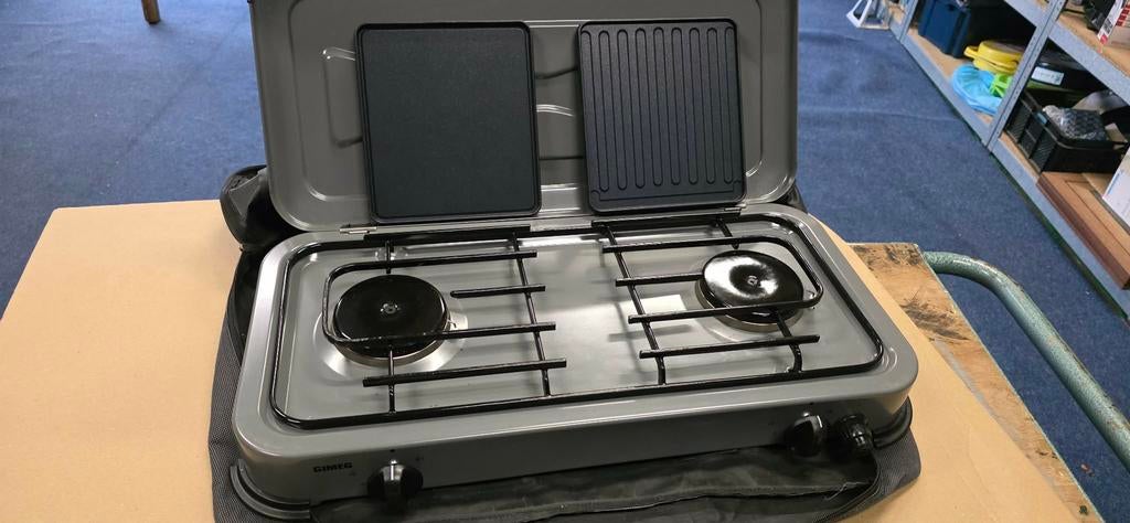 Gimeg Camping Gasstel 2 pits met bakplaat voor propaan, Caravans en Kamperen, Kampeeraccessoires, Ophalen, Zo goed als nieuw