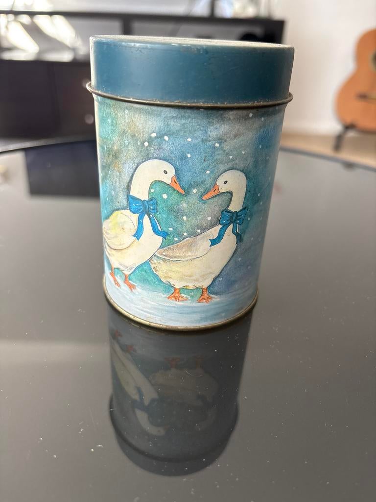 Vintage blikken trommel met eenden decoratie, Antiek en Kunst, Ophalen