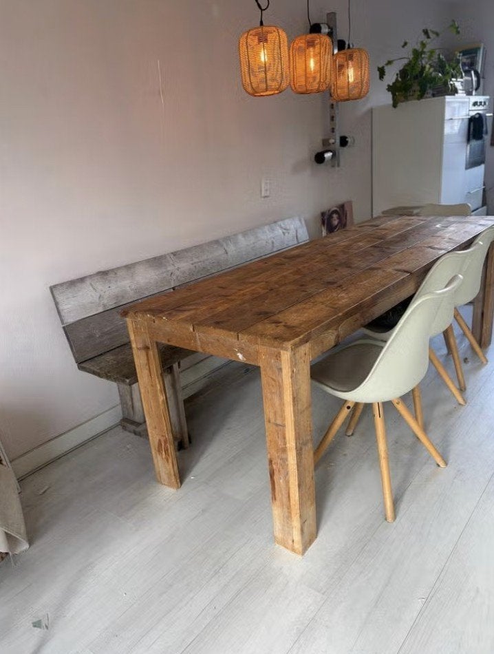 Steigerhouten eettafel (220 x 78 ) mèt eetbank, Ophalen, Gebruikt, Eikenhout, 200 cm of meer