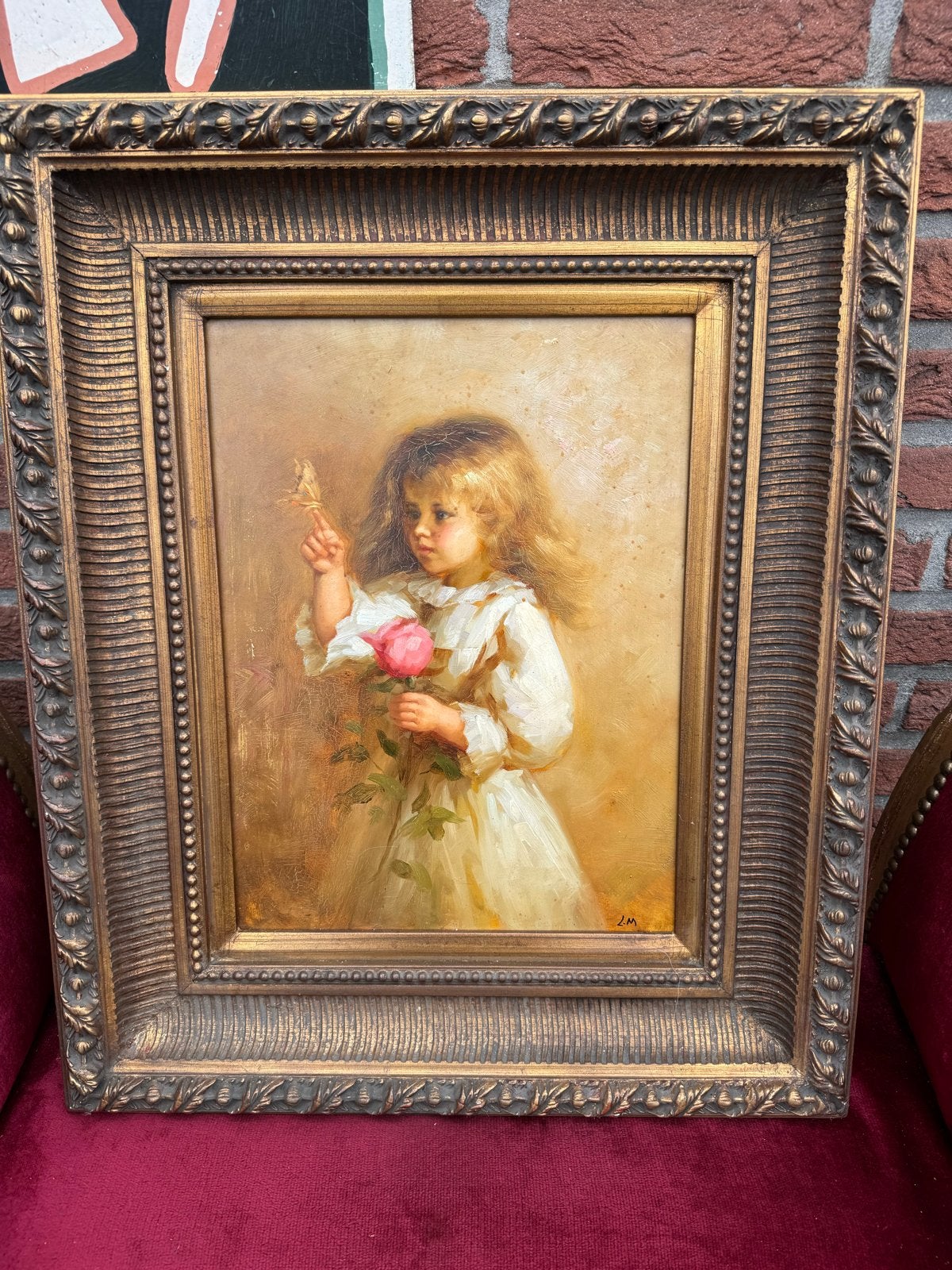dromerig meisje op paneel met zware sierlijst, Paneel, Portret of Personen, Bijzondere lijst, Ophalen of Verzenden