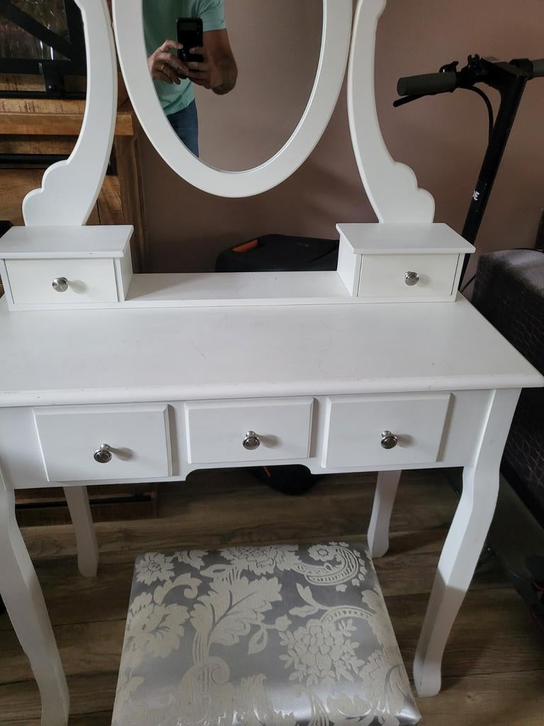 Witte kaptafel met spiegel en krukje, Gebruikt, 100 tot 150 cm, Klassiek, Romantisch, Hout