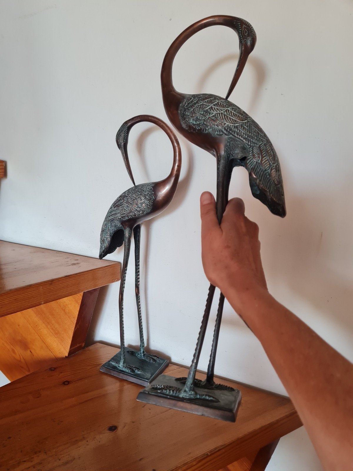 Vintage XL 46 cm massief bronzen koperen kraanvogels vogels, Gepatineerd, Ophalen of Verzenden, Brons, 20 - 50 cm