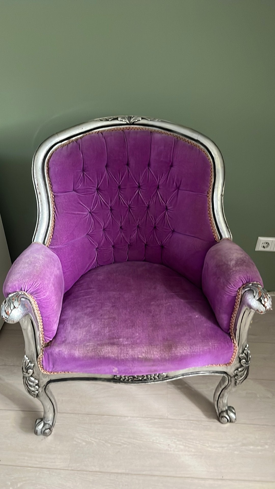 Vintage stoel fauteuil, zilver met paarse bekleding, Ophalen, Gebruikt, Vintage, 75 tot 100 cm