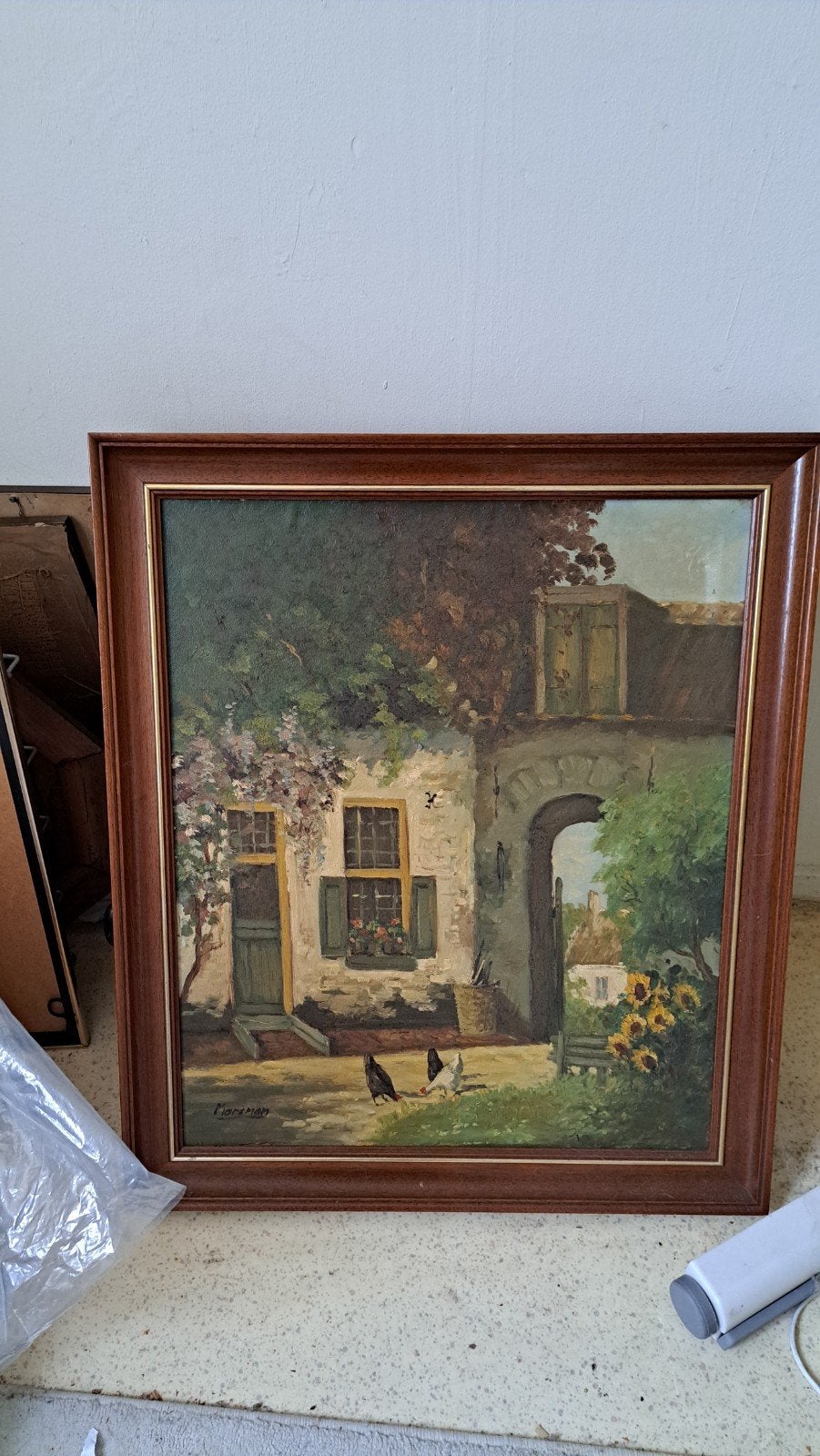 Sfeervol dorpsgezicht olieverfschilderij, gesigneerd, Ophalen, Doek, Realistisch, Stads- / dorpsgezicht