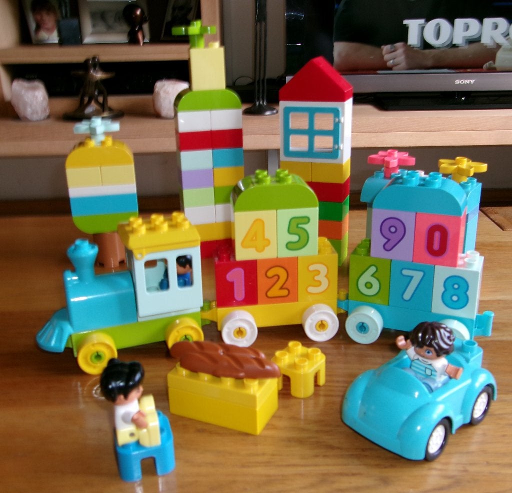 Duplo Lego. 1 2 3 duw trein + auto + bouwstenen, Gebruikt, Overige thema's, Ophalen of Verzenden, Compleet