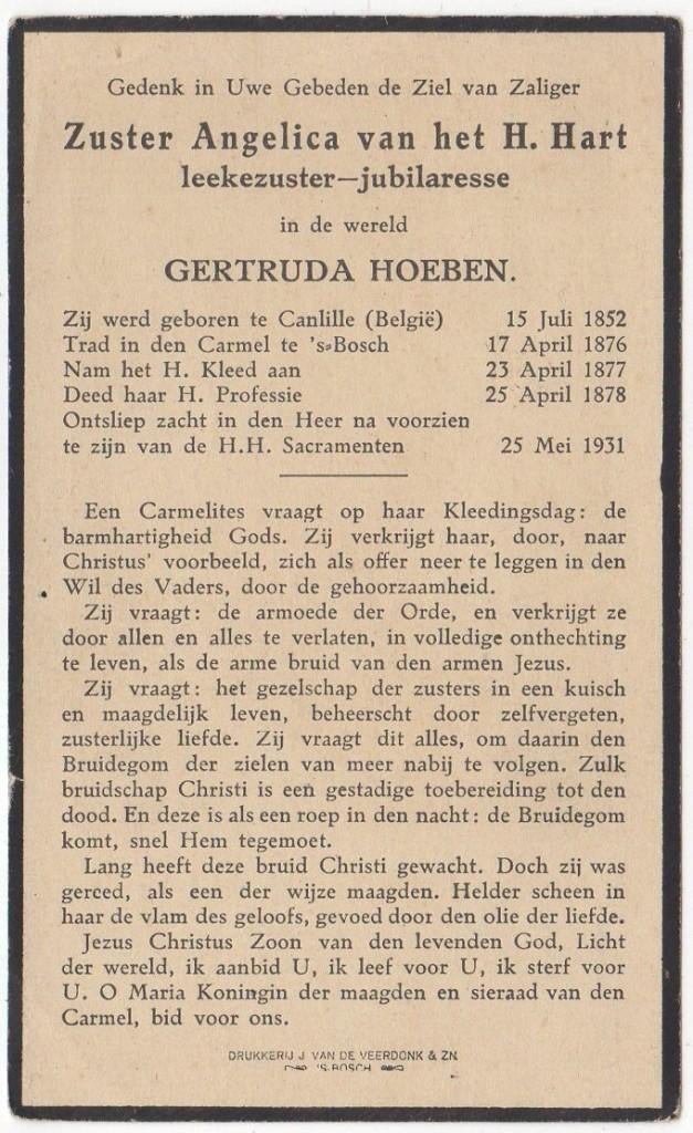 zr. Gertruda Hoeben 1852 Canlille + 1931 Den Bosch, 88 jaar, Verzenden