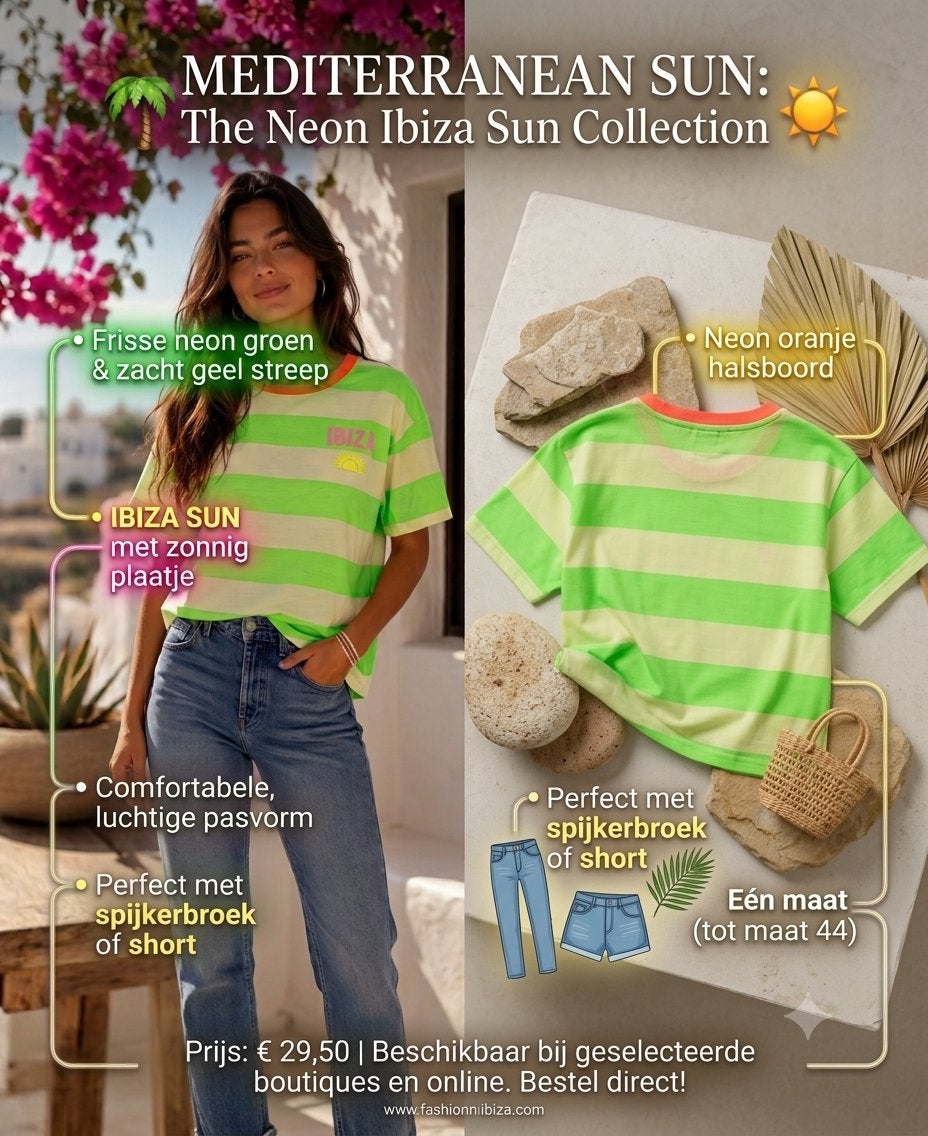 Tshirt Neon Groen met zacht geel gestreept IBIZA, Overige kleuren, Maat 42/44 (L), Nieuw, Ophalen of Verzenden
