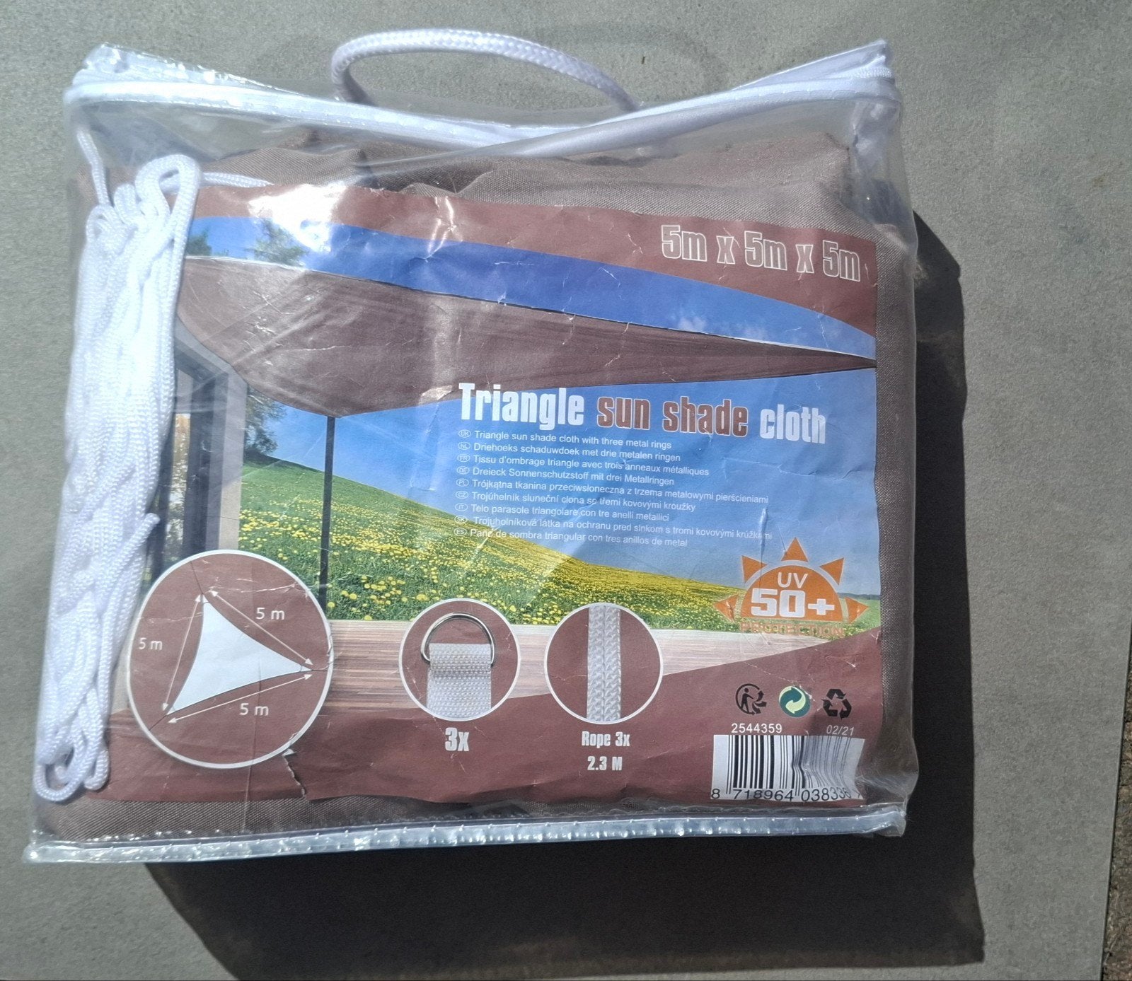 Driehoek Schaduwdoek 5x5x5m - UV 50+, Tuin en Terras, Schaduwdoeken, Ophalen of Verzenden, Nieuw