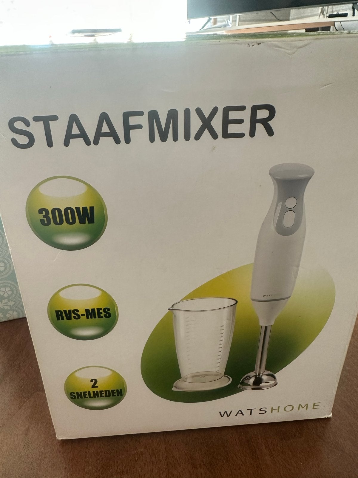 WatsHome Staafmixer 300W met RVS-mes en maatbeker (700ml), Minder dan 1 liter, Ophalen, Nieuw, 2 snelheden
