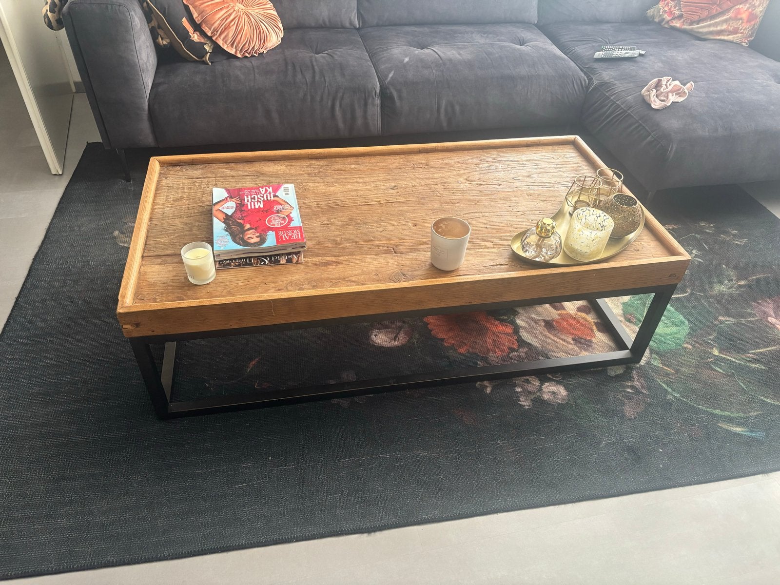 Robuuste salontafel van hout en metaal, Ophalen, Gebruikt, 100 tot 150 cm, 50 tot 100 cm