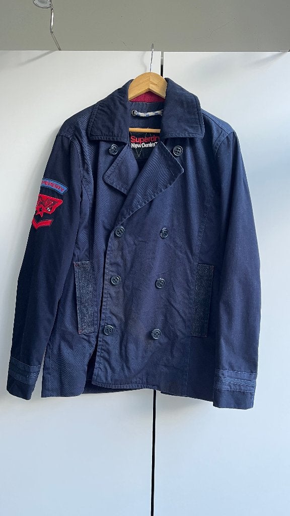 Superdry New Denim Tailoring Peacoat Jas Navy – Maat L, Kleding | Heren, Maat 52/54 (L), Zo goed als nieuw, Superdry, Verzenden
